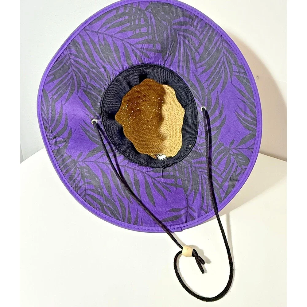 Straw Lifeguard Hat Wide Brim Beach Sun Hat Purple Trim Adjustable Strap (Women)